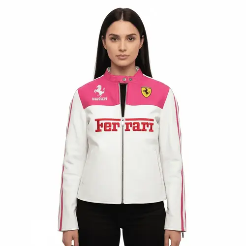 Women Ferrari Pink White Racing Jacket Cowhide Biker Jacket