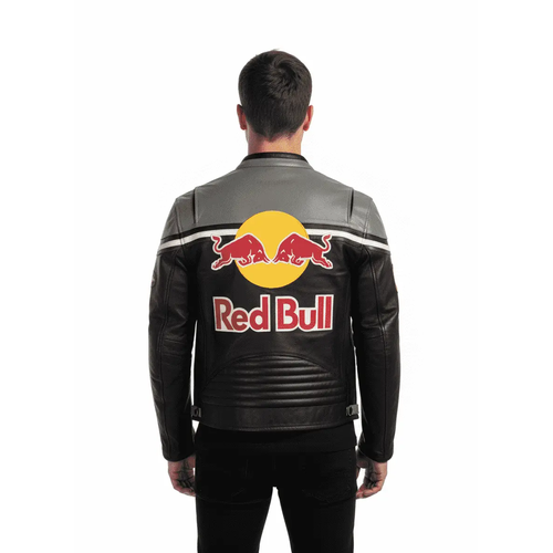 Men’s Red Bull Racing Leather Jacket Black Grey Biker Jacket