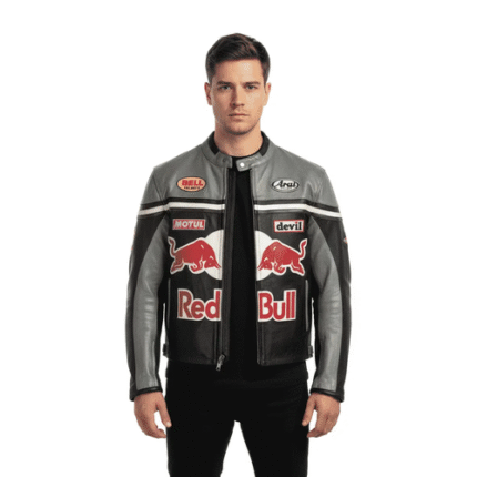 Men’s Red Bull Racing Leather Jacket Black Grey Biker Jacket