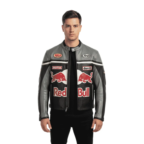 Men’s Red Bull Racing Leather Jacket Black Grey Biker Jacket