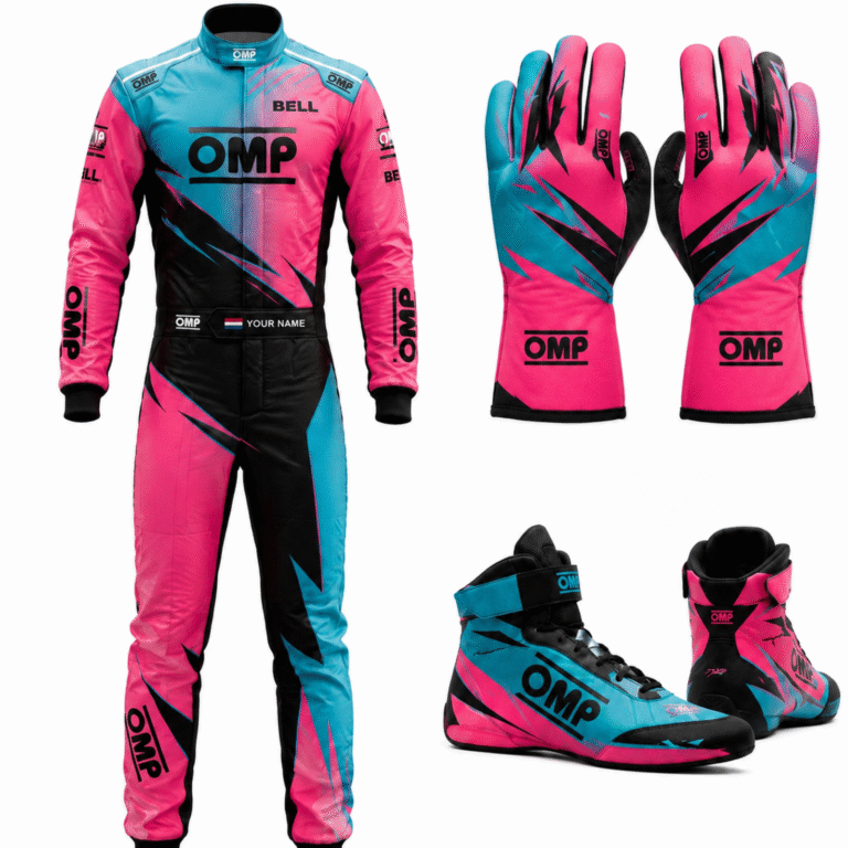 OMP Custom Go Kart Racing Suit Complete Kit - Pink & Blue Digital Printed Level 2 Suit with Shoes & Gloves