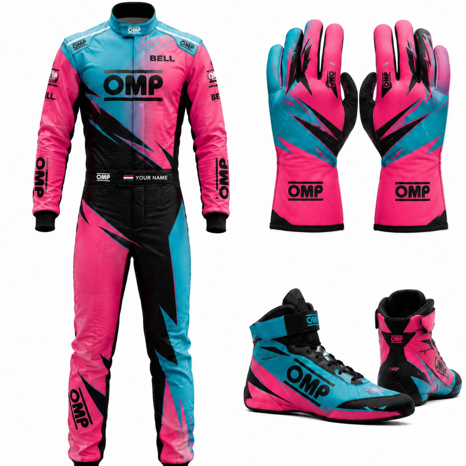 OMP Custom Go Kart Racing Suit Complete Kit - Pink & Blue Digital Printed Level 2 Suit with Shoes & Gloves