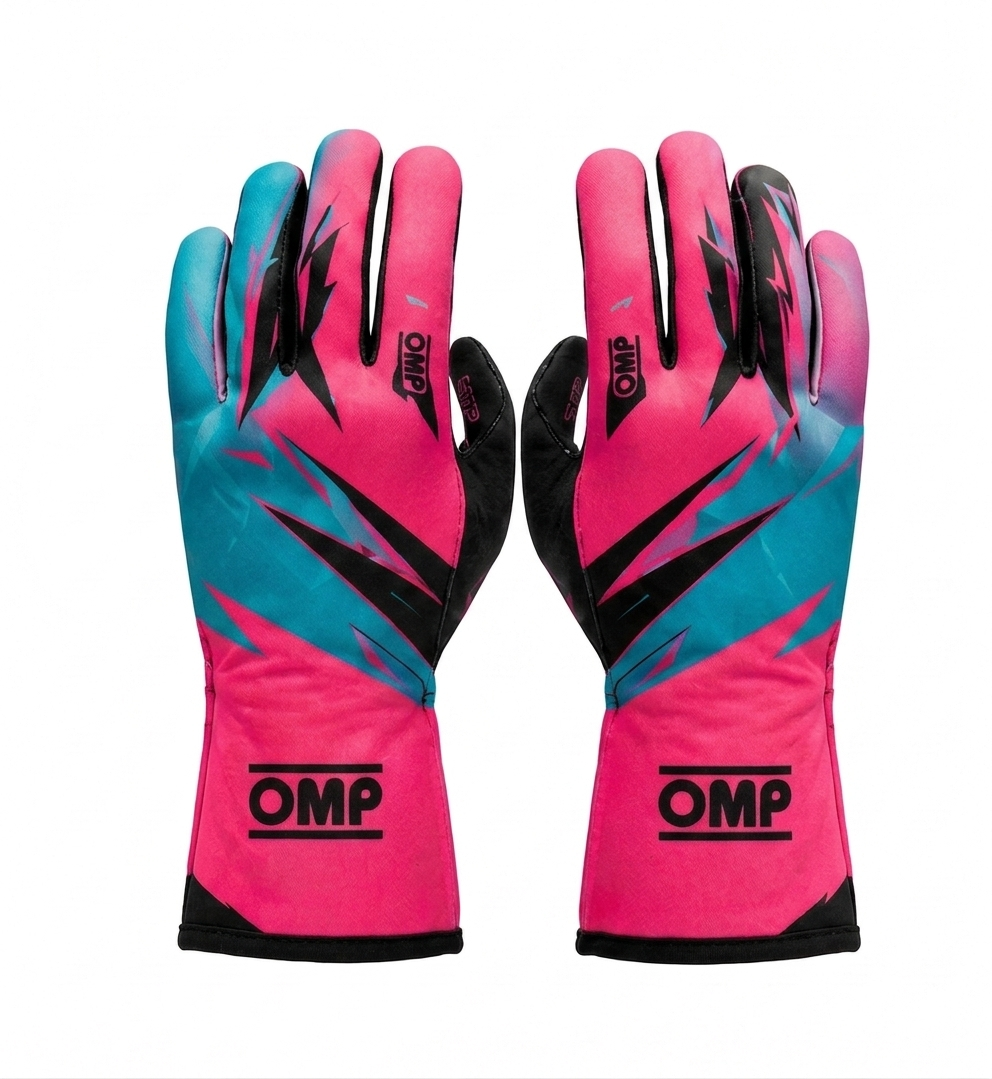 Pair of pink and blue OMP karting gloves with black abstract splash graphics and elastic cuffs