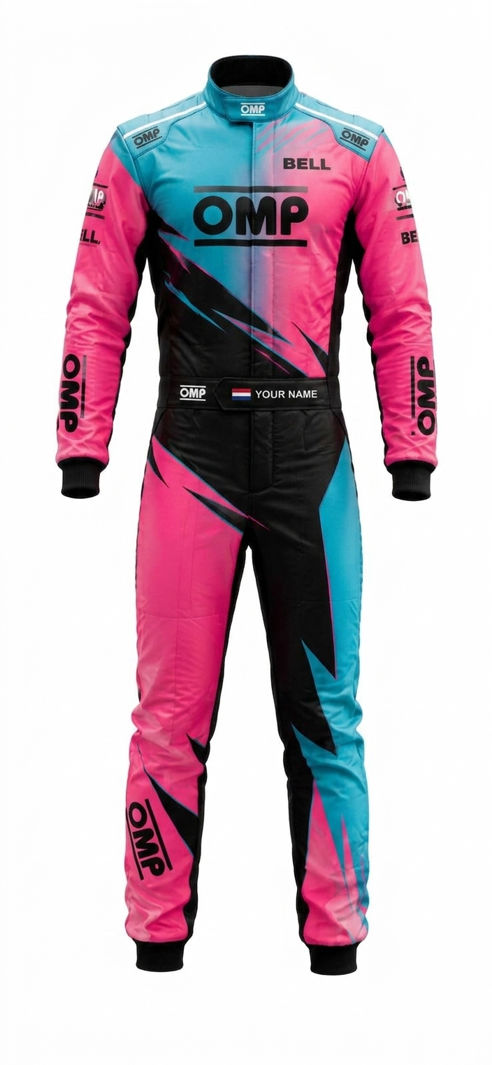 OMP custom digital printed Level 2 go kart racing suit in vibrant pink blue and black geometric pattern