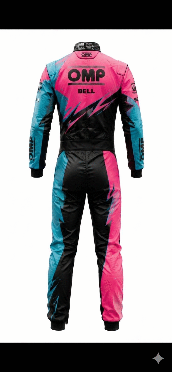 OMP custom digital printed Level 2 go kart racing suit in vibrant pink blue and black geometric pattern