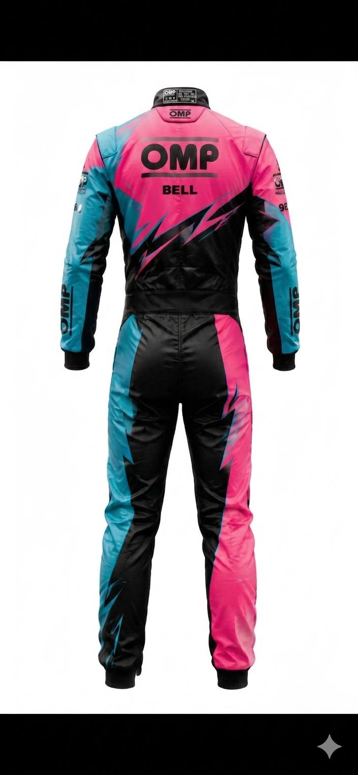 OMP custom digital printed Level 2 go kart racing suit in vibrant pink blue and black geometric pattern