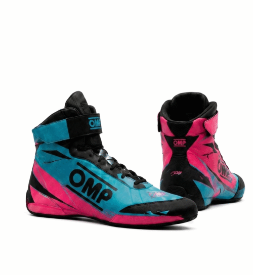 OMP high top kart racing shoes in matching cyan blue and pink split colorways with black trim