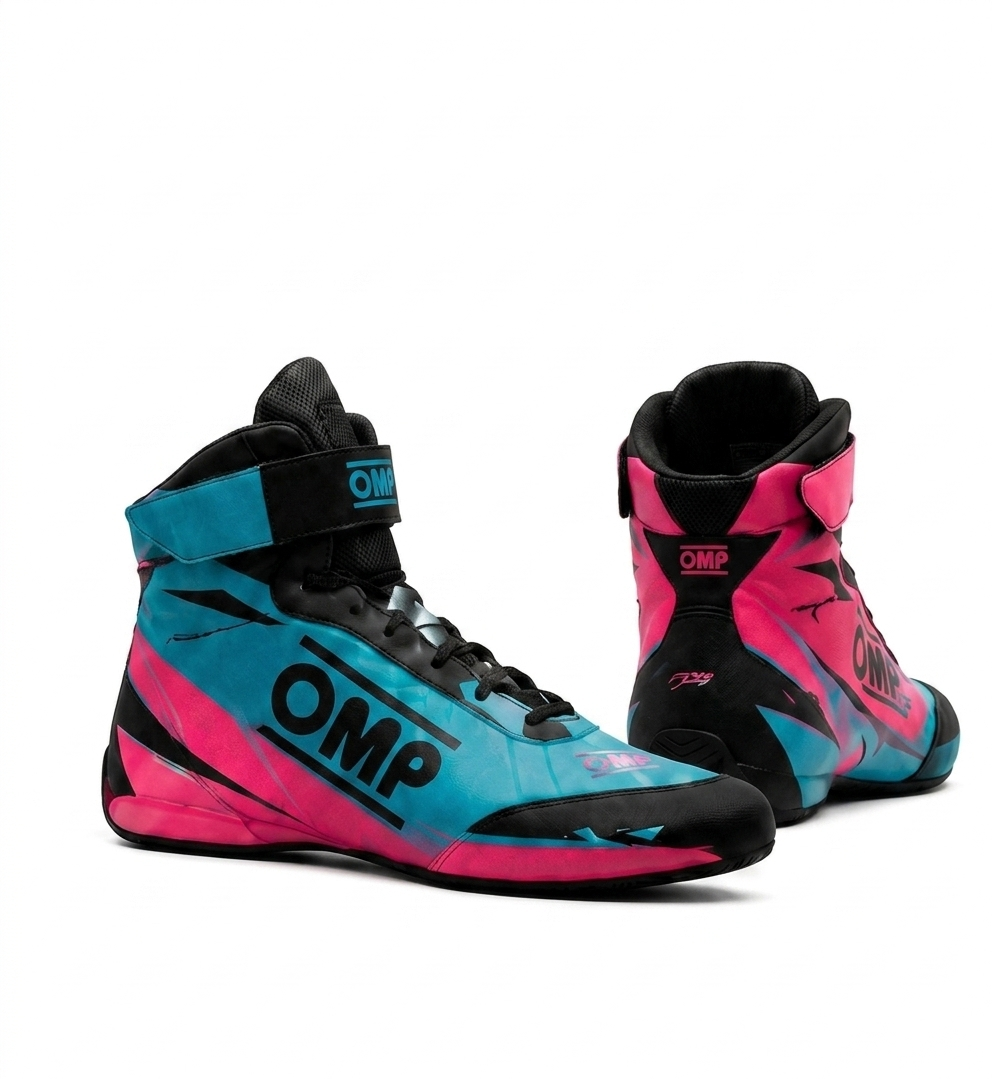 OMP high top kart racing shoes in matching cyan blue and pink split colorways with black trim
