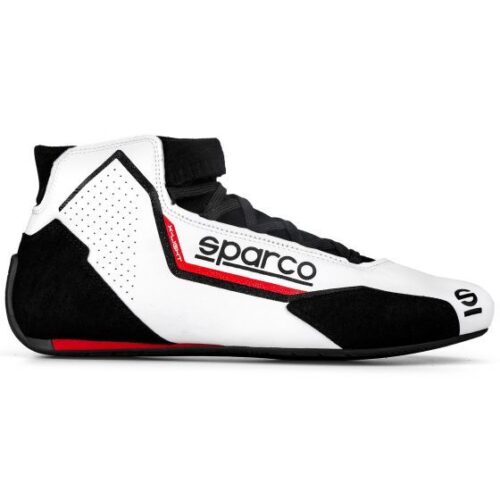 Sparco white low cut motorsport racing shoes with black suede paneling and red details