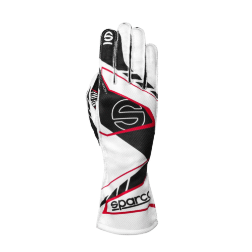 Sparco white and black high grip karting gloves with red accents and logo