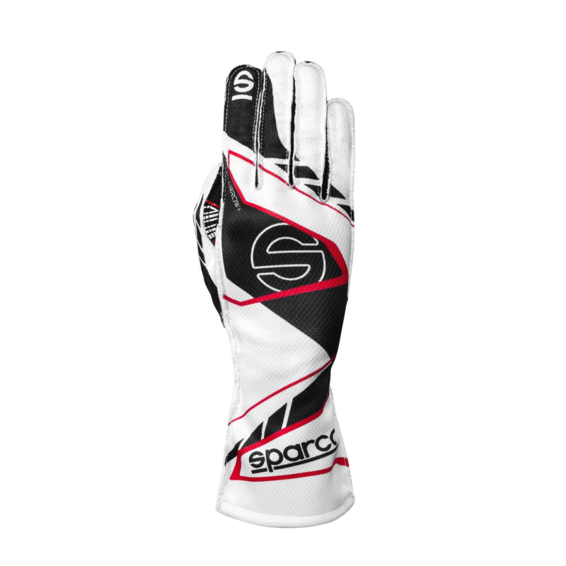 Sparco white and black high grip karting gloves with red accents and logo