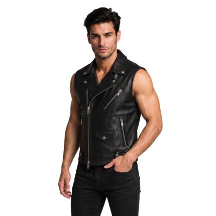 Men's Black Genuine Leather Biker Vest - Handmade Sleeveless Motorcycle Jacket Waistcoat