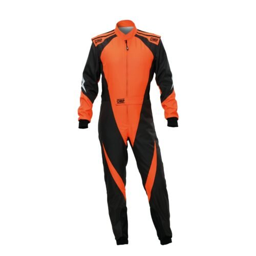A full-body orange and black go-kart racing suit with OMP logos on the shoulders and waist belt. A full-body orange and black go-kart racing suit with OMP logos on the shoulders and waist belt.