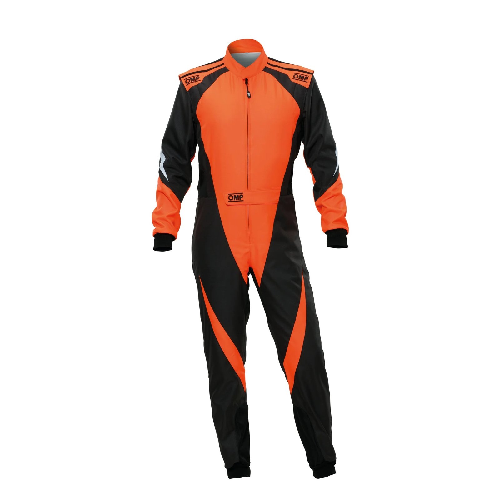 A full-body orange and black go-kart racing suit with OMP logos on the shoulders and waist belt. A full-body orange and black go-kart racing suit with OMP logos on the shoulders and waist belt.