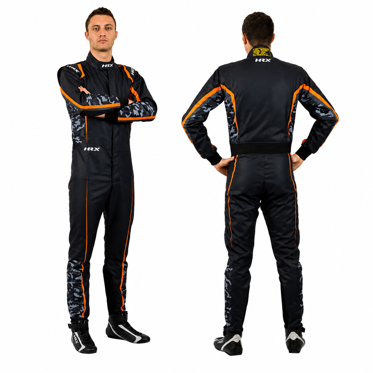 Driver wearing the HRX Fuji karting suit in black with grey camouflage arm panels and sharp neon orange piping accents.