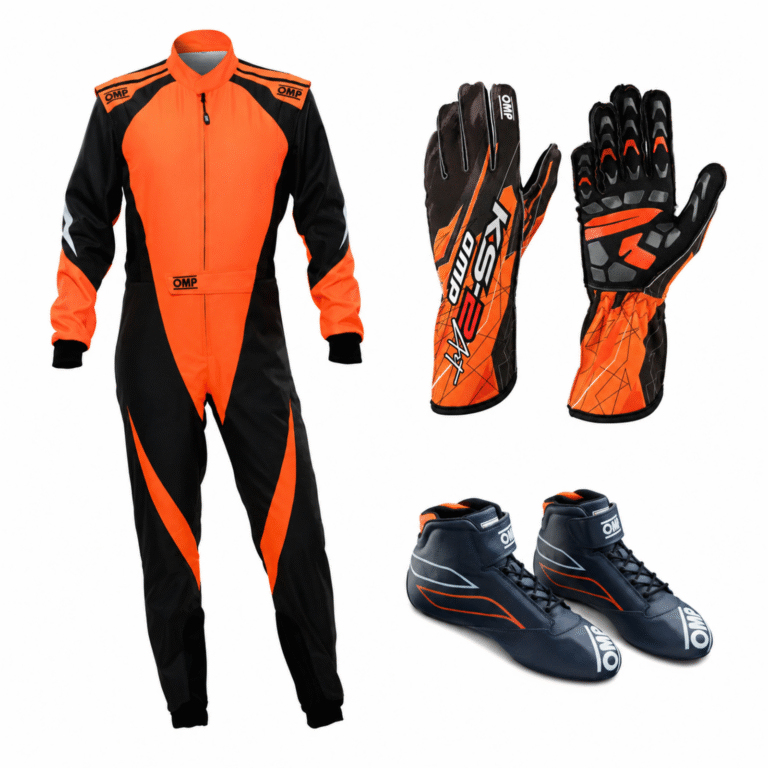 A full-body orange and black go-kart racing suit with OMP logos on the shoulders and waist belt. A full-body orange and black go-kart racing suit with OMP logos on the shoulders and waist belt.