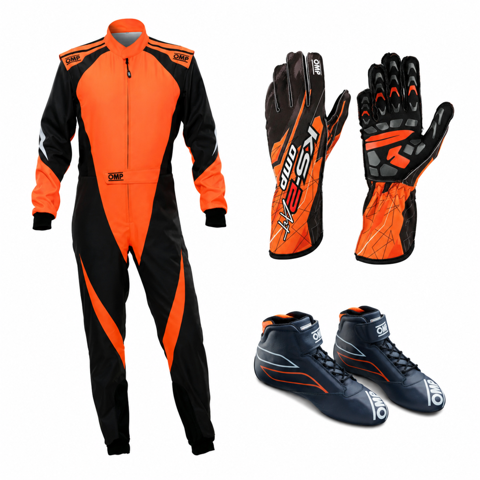 A full-body orange and black go-kart racing suit with OMP logos on the shoulders and waist belt.