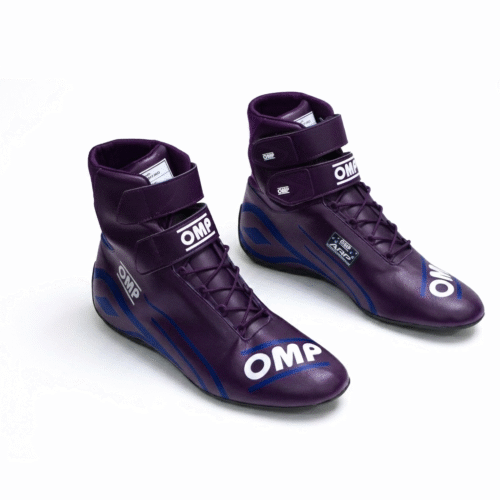 High-performance purple OMP kart racing shoes featuring a mid-cut design, secure ankle straps, and durable non-slip soles. High-performance purple OMP kart racing shoes featuring a mid-cut design, secure ankle straps, and durable non-slip soles.