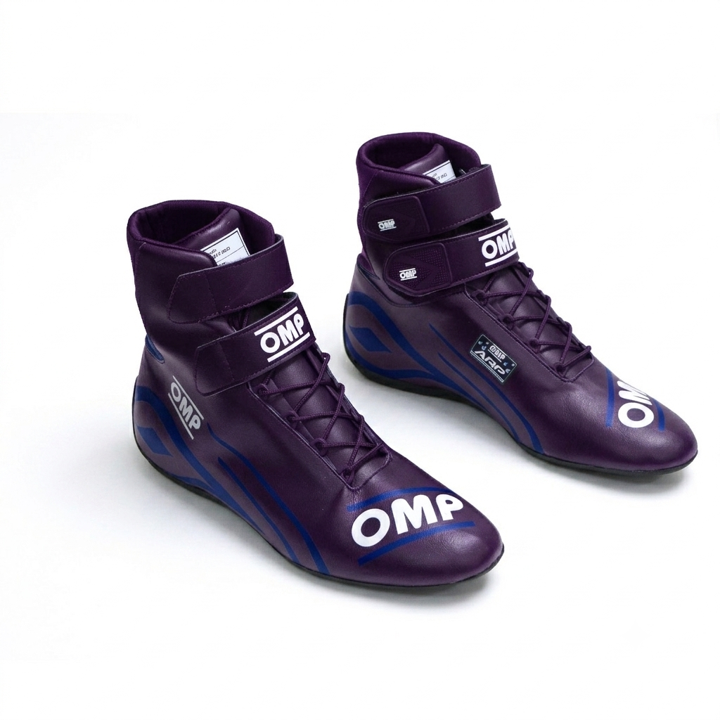 High-performance purple OMP kart racing shoes featuring a mid-cut design, secure ankle straps, and durable non-slip soles. High-performance purple OMP kart racing shoes featuring a mid-cut design, secure ankle straps, and durable non-slip soles.