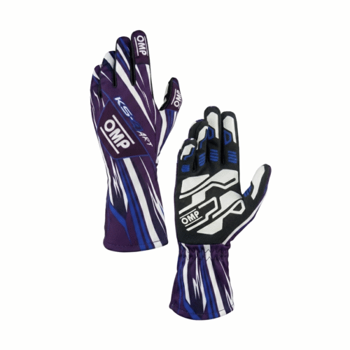 Professional purple and blue OMP karting steering gloves with white accents and textured high-grip silicone palms. Professional purple and blue OMP karting steering gloves with white accents and textured high-grip silicone palms.