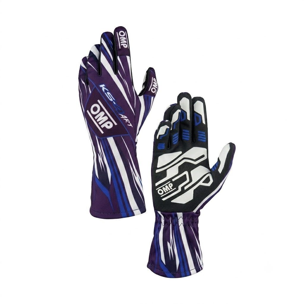 Professional purple and blue OMP karting steering gloves with white accents and textured high-grip silicone palms. Professional purple and blue OMP karting steering gloves with white accents and textured high-grip silicone palms.