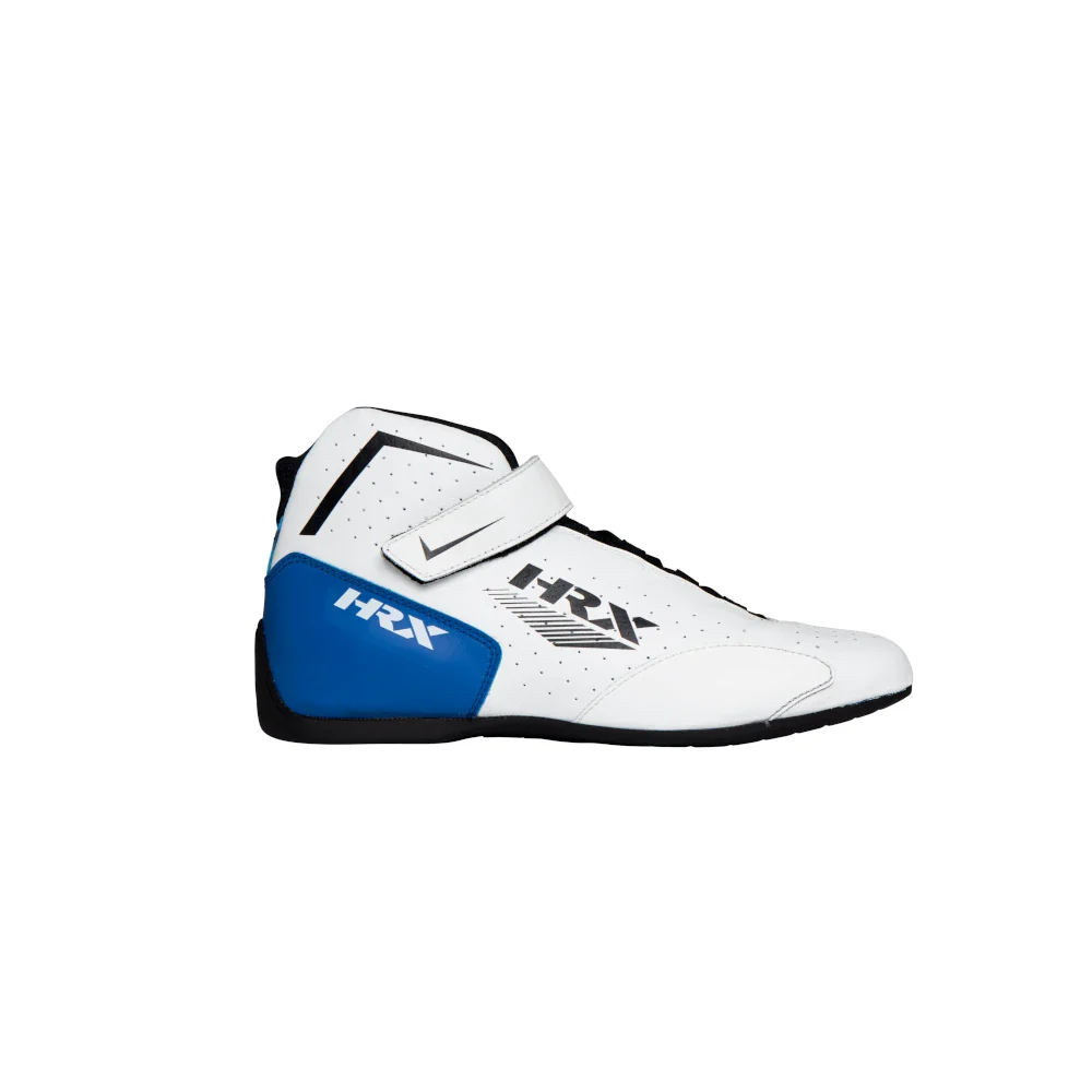 Pair of white and blue mid-top HRX racing shoes showing clean perforated side panels, black laces, and an adjustable ankle safety strap with the HRX logo.