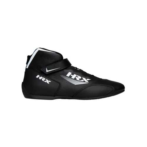 Pair of black HRX Icon mid-top racing shoes featuring clean white graphic lines, logos, and an adjustable ankle hook-and-loop strap closure.