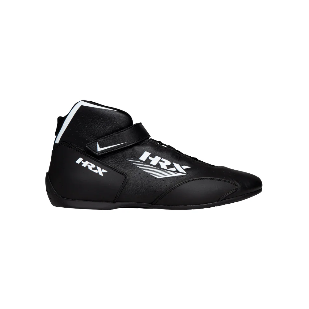 Pair of black HRX Icon mid-top racing shoes featuring clean white graphic lines, logos, and an adjustable ankle hook-and-loop strap closure.