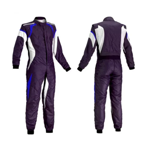 Custom purple go-kart racing suit with white and blue accent stripes and an ergonomic high-collar design. Custom purple go-kart racing suit with white and blue accent stripes and an ergonomic high-collar design.