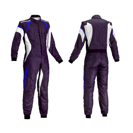 Custom purple go-kart racing suit with white and blue accent stripes and an ergonomic high-collar design. Custom purple go-kart racing suit with white and blue accent stripes and an ergonomic high-collar design.