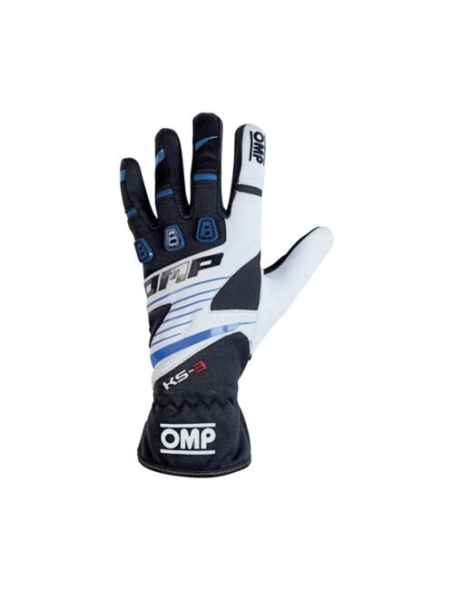 A pair of blue, white, and black OMP KS-3 karting gloves showing the grip texture on the palm and padded protection on the back. A pair of blue, white, and black OMP KS-3 karting gloves showing the grip texture on the palm and padded protection on the back.
