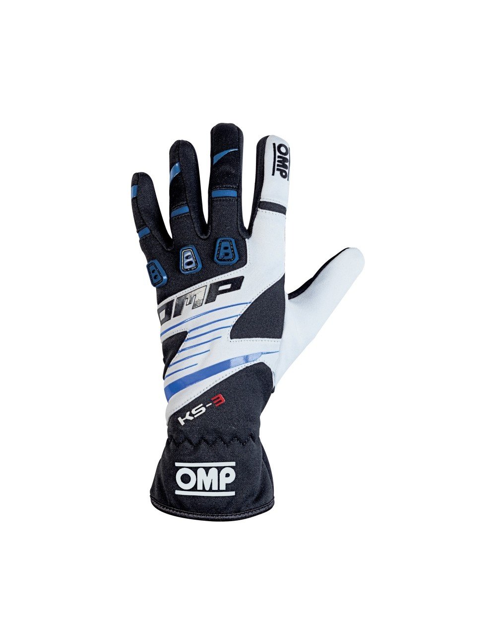 A pair of blue, white, and black OMP KS-3 karting gloves showing the grip texture on the palm and padded protection on the back. A pair of blue, white, and black OMP KS-3 karting gloves showing the grip texture on the palm and padded protection on the back.
