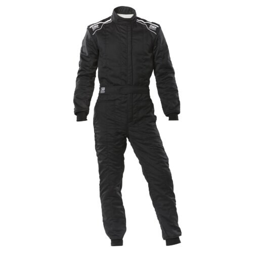 Custom black OMP go-kart racing suit featuring grey shoulder epaulets and a quilted anti-abrasion protective shell.
