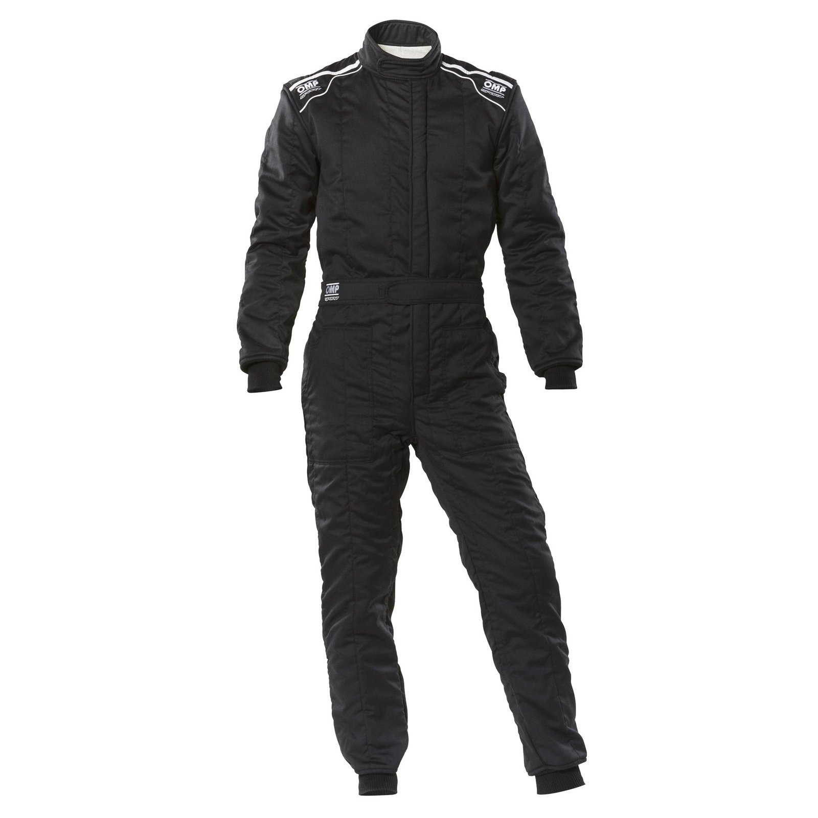 Custom black OMP go-kart racing suit featuring grey shoulder epaulets and a quilted anti-abrasion protective shell.