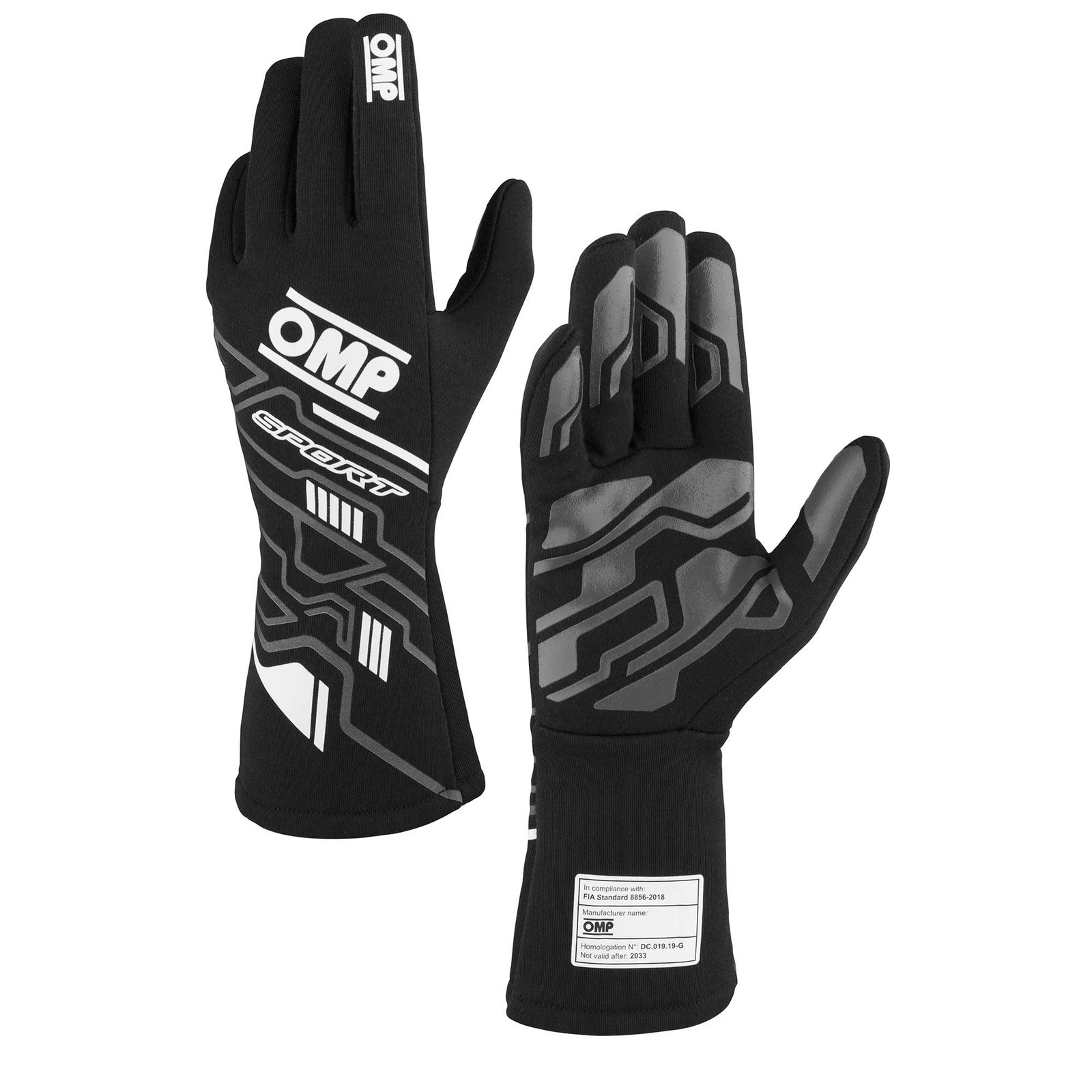 Professional purple and blue OMP karting steering gloves with white accents and textured high-grip silicone palms.