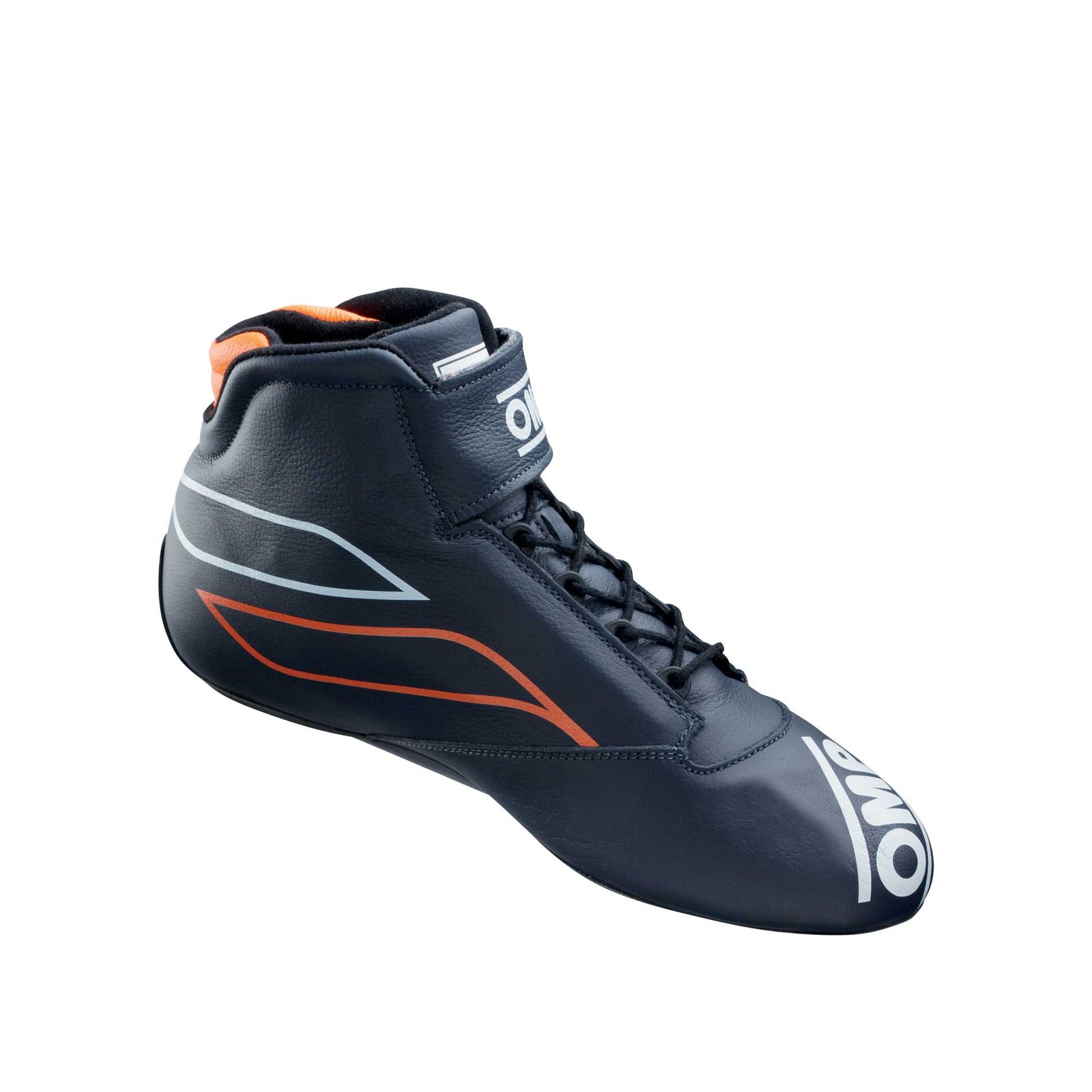 A pair of navy blue high-top OMP karting shoes featuring orange accents, white branding, and ankle support straps. A pair of navy blue high-top OMP karting shoes featuring orange accents, white branding, and ankle support straps.