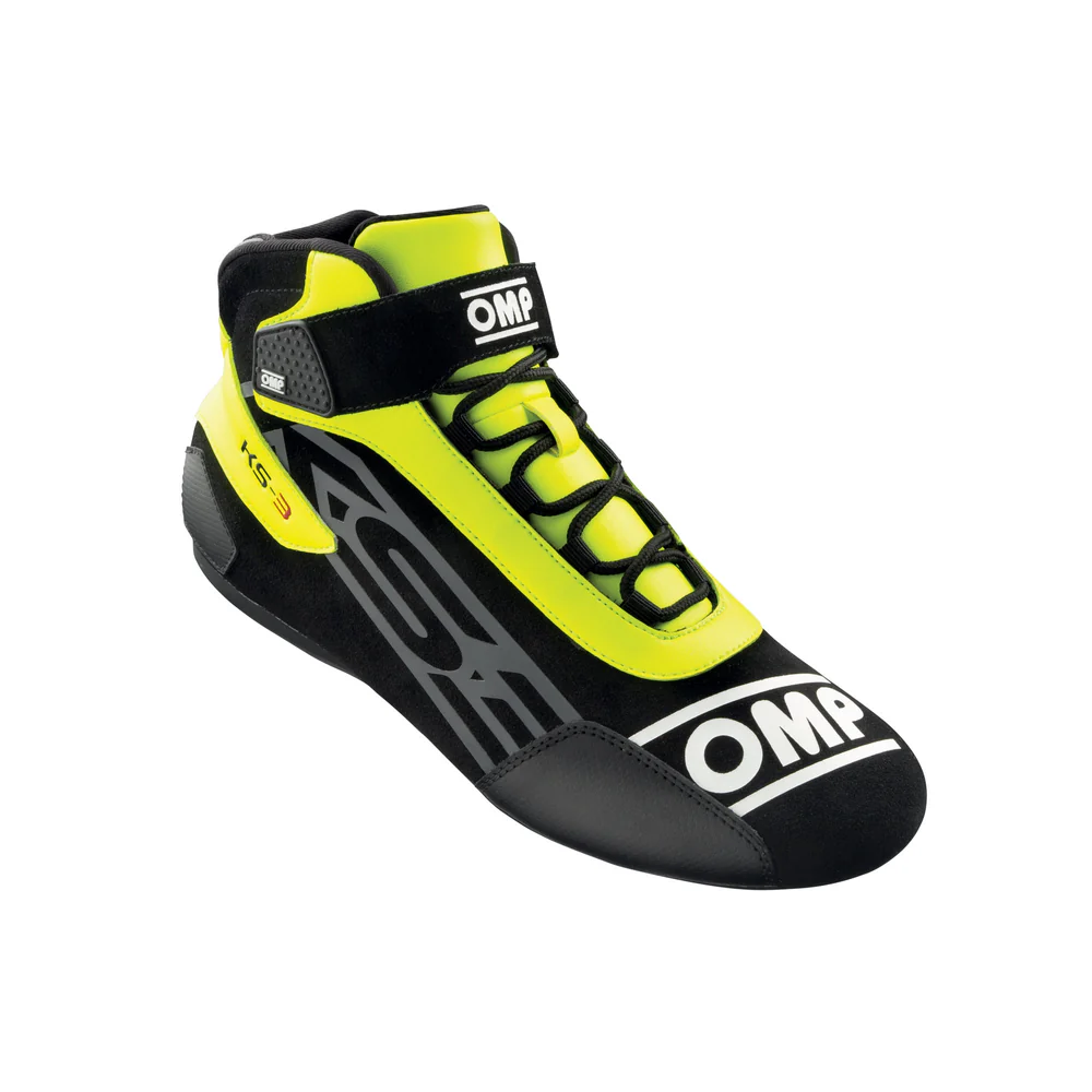 omp ks3 black fluo yellow high top karting shoes suede leather racing boots track day footwear car pedal grip sneakers
