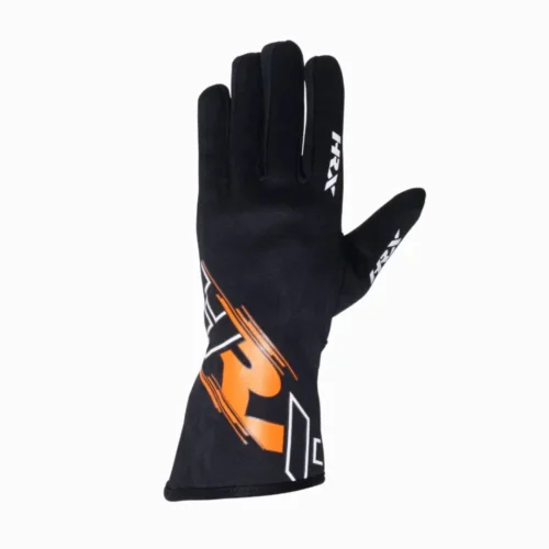 Front and back view of black HRX K Racer PRO karting gloves highlighting the orange branding panels and high-grip silicone-printed palms.