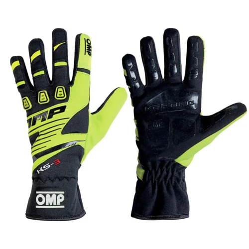 omp ks3 black fluo yellow racing gloves karting glove pair silicone rubber palm grip safety wear track day gauntlet gloves