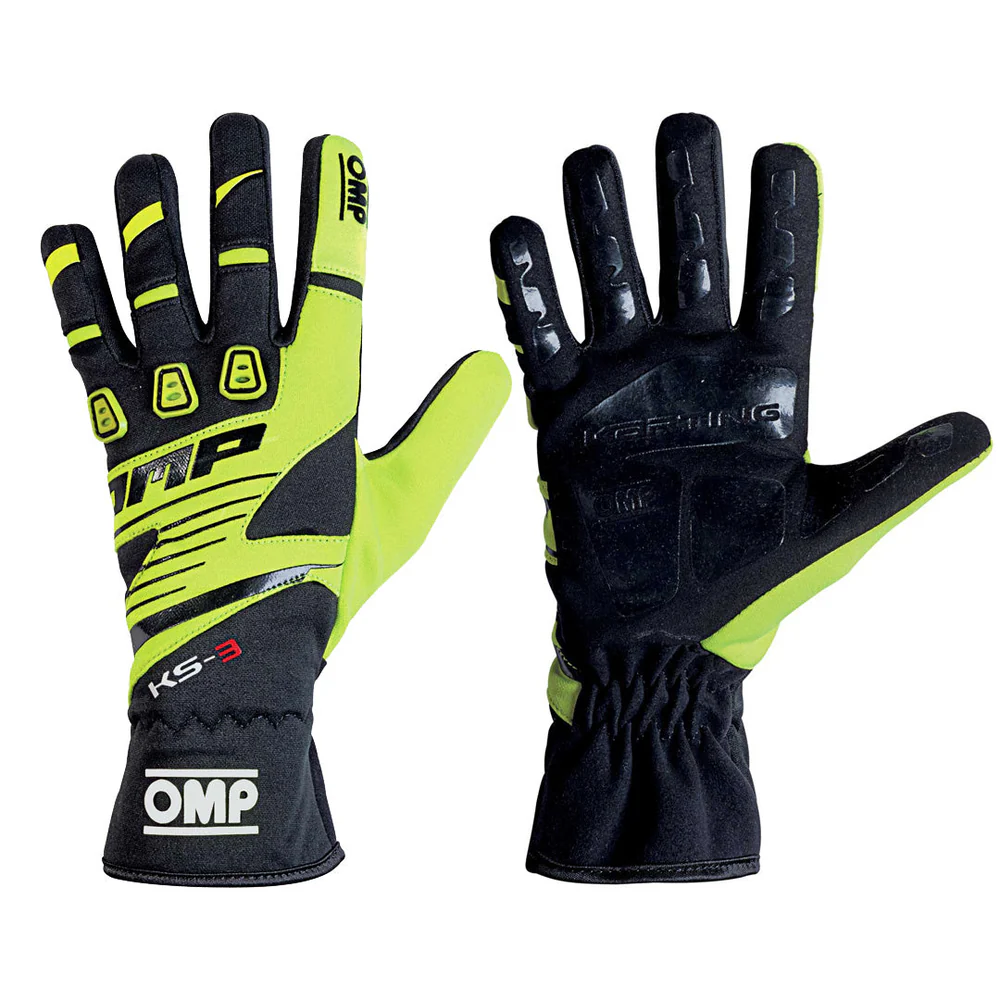 omp ks3 black fluo yellow racing gloves karting glove pair silicone rubber palm grip safety wear track day gauntlet gloves