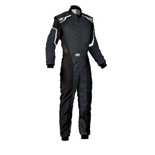 Black and grey OMP go-kart racing suit with white piping accents, designed for professional karting performance, durability, and track safety.