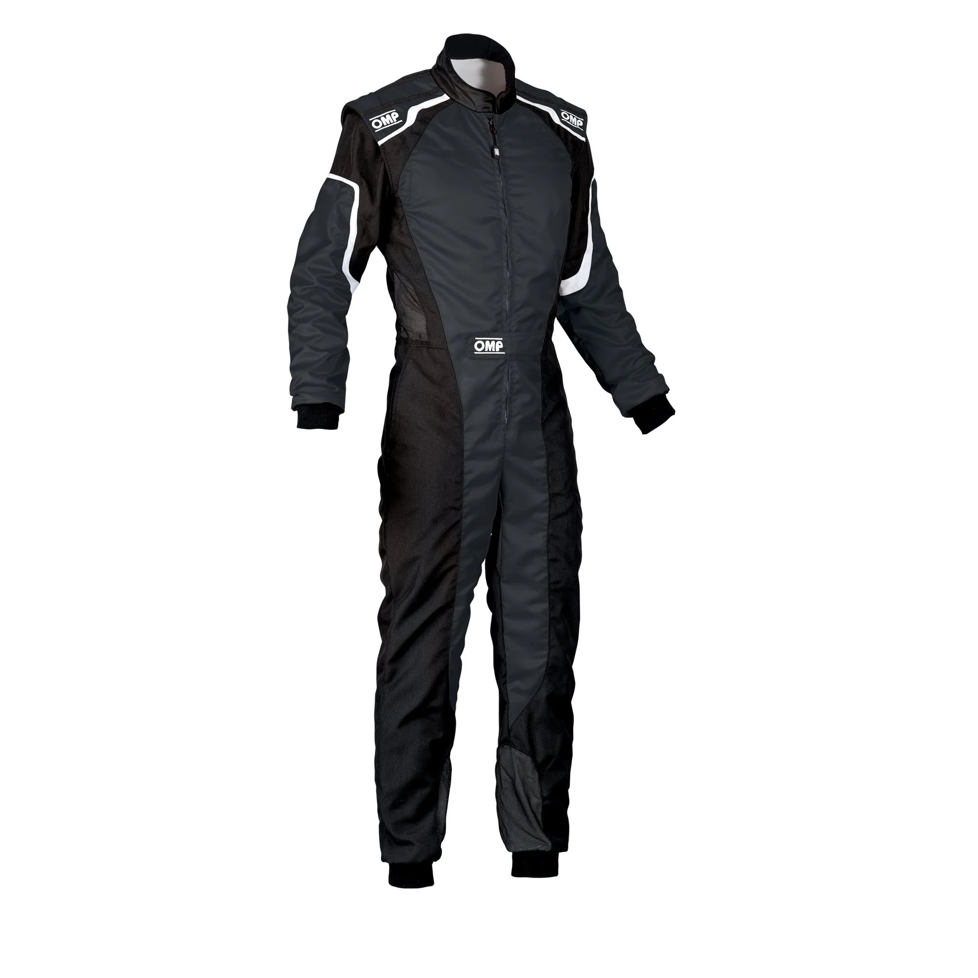 Black and grey OMP go-kart racing suit with white piping accents, designed for professional karting performance, durability, and track safety.