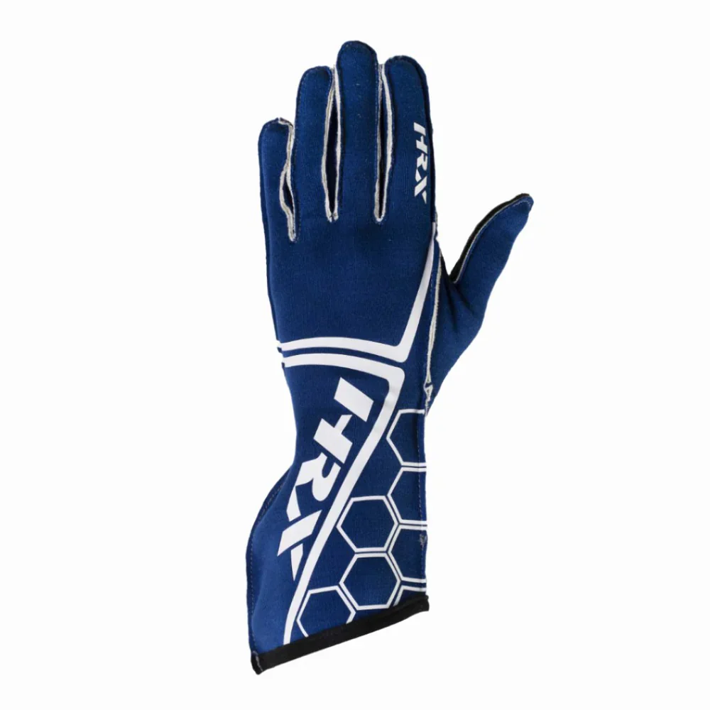Front and back view of blue HRX K Racer PRO karting gloves highlighting white graphic geometric honeycomb patterns and high-grip textured black palms.