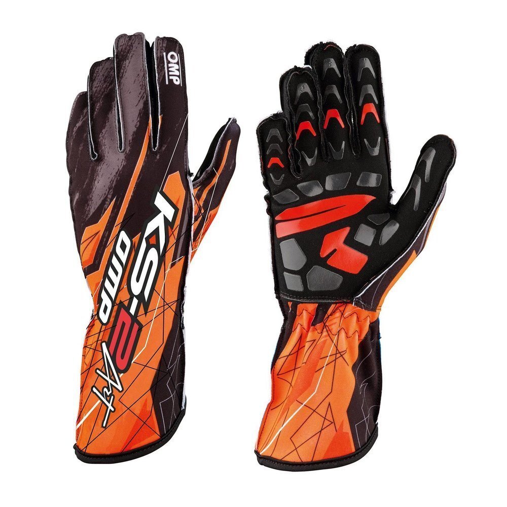 A pair of orange and black OMP KS-2 Art karting gloves showcasing the graphic design on the back and palm grip detailing. A pair of orange and black OMP KS-2 Art karting gloves showcasing the graphic design on the back and palm grip detailing.