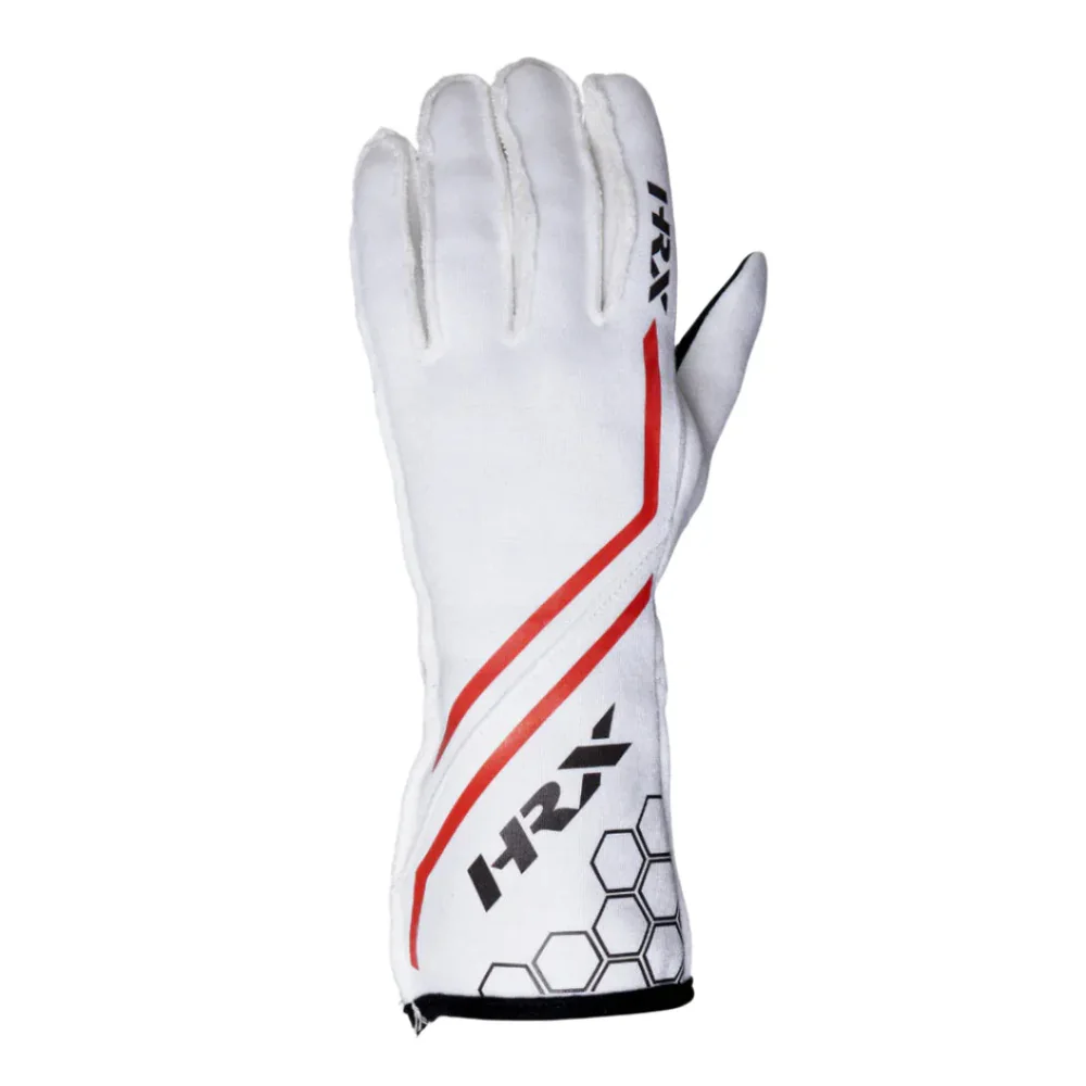 Front and back view of white HRX K Racer PRO karting gloves highlighting red graphic lines, geometric honeycomb patterns, and high-grip textured black palms. Front and back view of white HRX K Racer PRO karting gloves highlighting red graphic lines, geometric honeycomb patterns, and high-grip textured black palms.