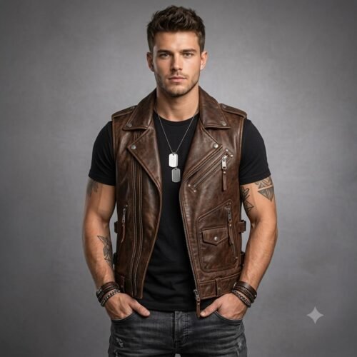 Men's Brown Leather Motorcycle Vest | Sleeveless Biker Vest with Multiple Pockets Men's Brown Leather Motorcycle Vest | Sleeveless Biker Vest with Multiple Pockets