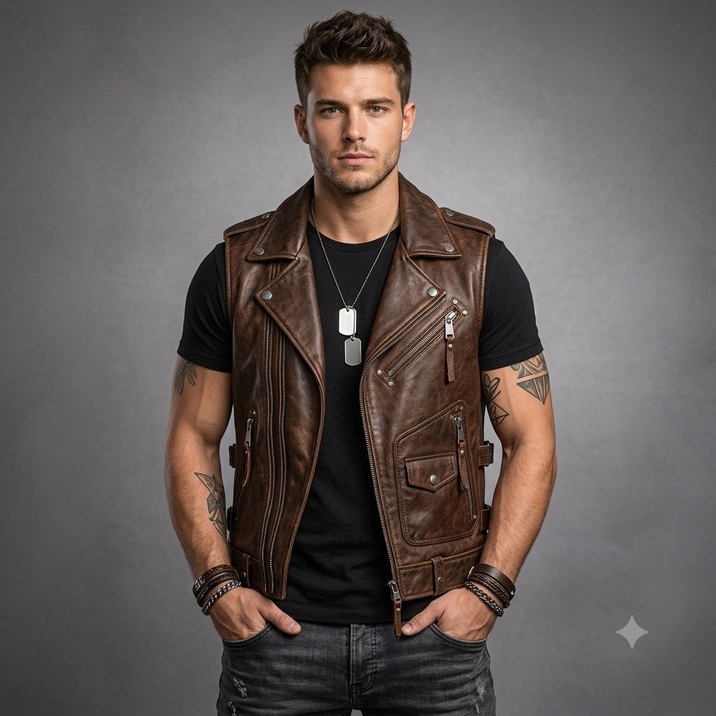 Men's Brown Leather Motorcycle Vest | Sleeveless Biker Vest with Multiple Pockets Men's Brown Leather Motorcycle Vest | Sleeveless Biker Vest with Multiple Pockets