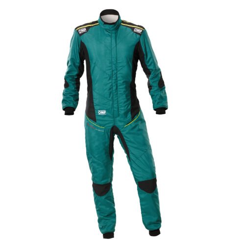 Professional OMP One-FX racing suit in dark teal and black with yellow collar piping, padded knees, and embroidered OMP brand logos. Professional OMP One-FX racing suit in dark teal and black with yellow collar piping, padded knees, and embroidered OMP brand logos.