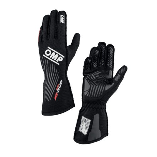 Pair of black OMP One-FX motorsport racing gloves showing high-grip silicone palms and ergonomic protective top padding. Pair of black OMP One-FX motorsport racing gloves showing high-grip silicone palms and ergonomic protective top padding.