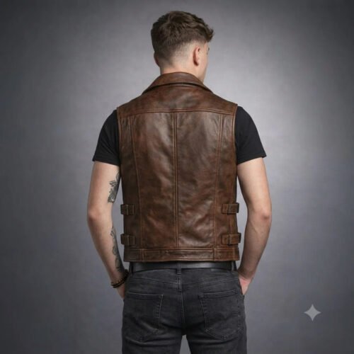 Men's Brown Leather Motorcycle Vest | Sleeveless Biker Vest with Multiple Pockets Men's Brown Leather Motorcycle Vest | Sleeveless Biker Vest with Multiple Pockets